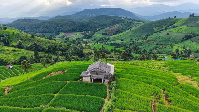Aerial landscape view of rice terrace and wooden huts in the mountains