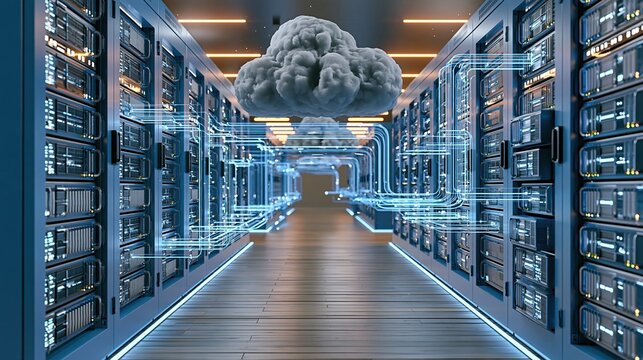 Futuristic Data Center with Cloud Computing Overlay and Glowing Network Lines