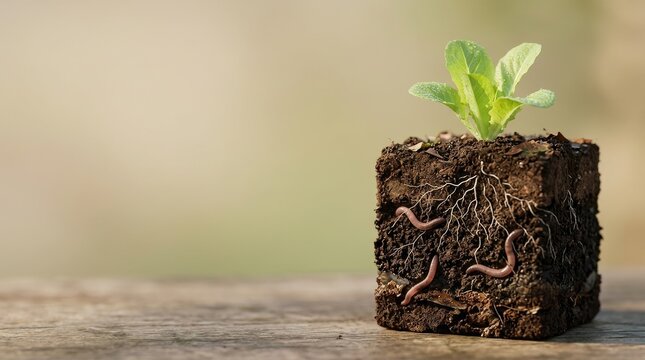 Healthy Soil and Compost Supporting a Productive Harves, Young green plant growing with visible roots and worms in dark soil cube on wooden surface.