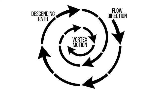 Circular vortex flow diagram with descending path arrows.