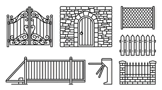 Collection of various gate and fence line art icons.