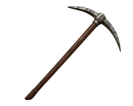 Handheld pickaxe with wooden handle and metal head.