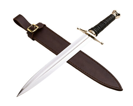 Shiny blade with black-wrapped handle and leather scabbard.