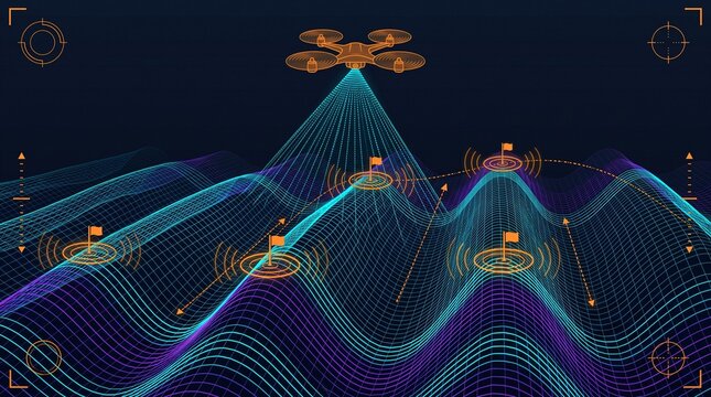 Forward tracking drone structural mapping interface over fold and thrust belt anticlines and synclinal valley elevation mesh, seismic flight corridors and digital cartographic telemetry data