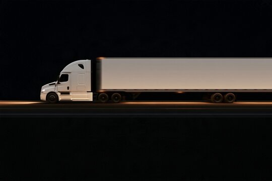 White semi truck traveling along a highway at night