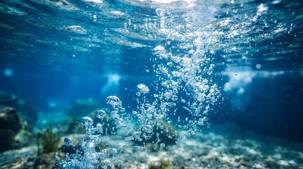 Naklejka premium Stunning Underwater View of Rising Air Bubbles in Deep Blue Ocean Water Against a Natural Background