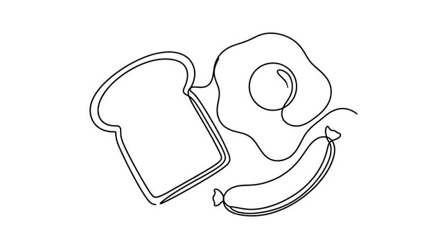 Continuous line drawing of toast egg and sausage breakfast.