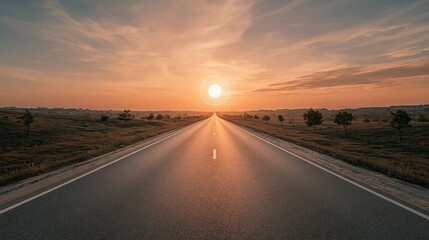 Obraz premium Endless highway stretching towards a vibrant sunset over a rural landscape