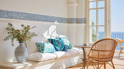 Fototapeta premium Bright Mediterranean Interior with Built-in Bench, Rattan Chair, and Ocean View