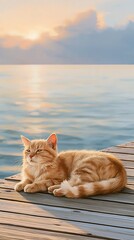 Fototapeta premium Serene Orange Tabby Cat Relaxing on Wooden Pier Overlooking Calm Ocean at Sunset