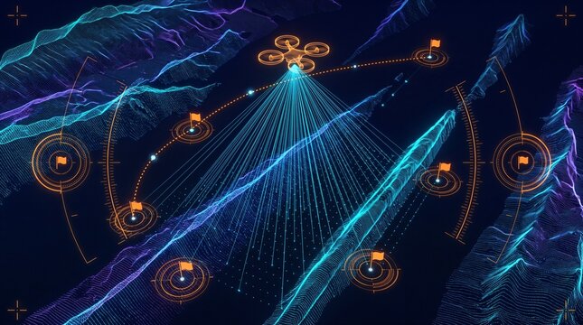 Steep angle drone reconnaissance interface scanning wind carved desert deflation corridors, clay yardangs and playa mud flat elevation mesh, tactical flight waypoints and digital 3D cartography