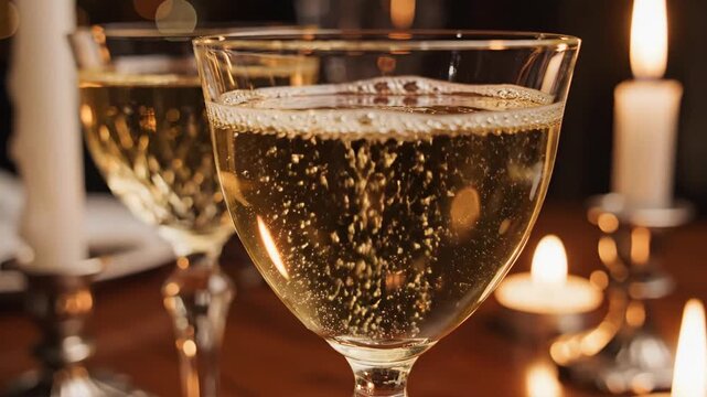 Close up view of two crystal glasses filled with sparkling golden champagne, small bubbles rising to surface, glowing candlelight and bokeh creating festive romantic atmosphere.