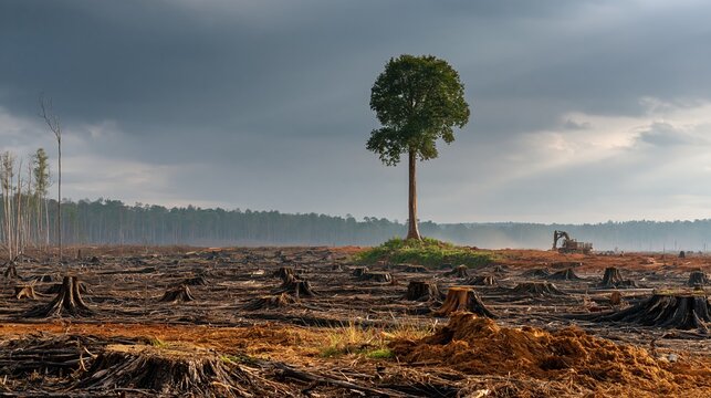 Lone tree standing in a barren, deforested landscape with stumps and a distant excavator under a dramatic sky