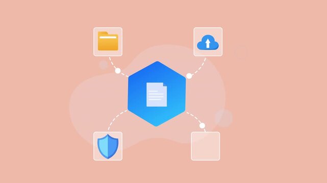 Flat vector animation showing a central document connected to folder, cloud upload, security shield, and database icons for secure cloud storage.