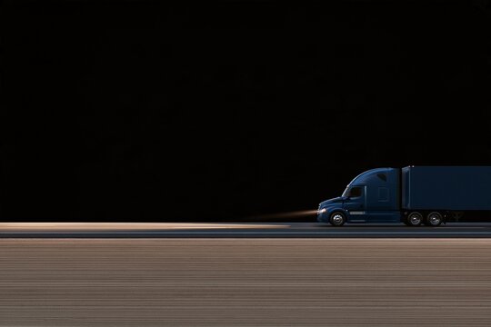 Blue semi truck driving along a dark highway at night
