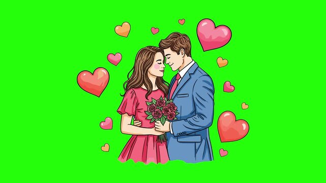 2D Animated Romantic Couple Embracing with Flower Bouquet and Floating Hearts Line Art Green Screen