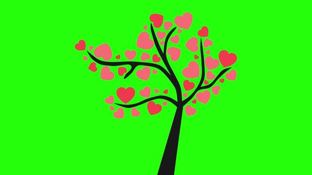 2D Animated Heart Tree Growing with Pink Heart Leaves Line Art Green Screen Chroma Key Animation