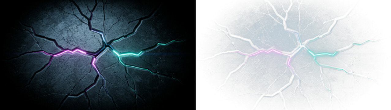 Abstract cracked stone surface with glowing neon pink and blue light emanating from the fissures, split view with dark and light background versions isolated on transparent background