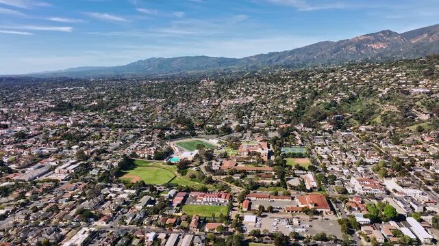 Aerial views over Santa Barbara. California aerial landscape Santa Barbara. Santa Barbara city from above. Santa Barbara coast from drone.