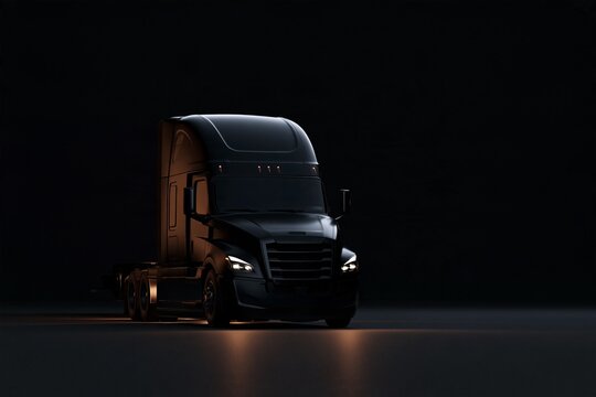 Black semi truck tractor in dramatic dark studio lighting