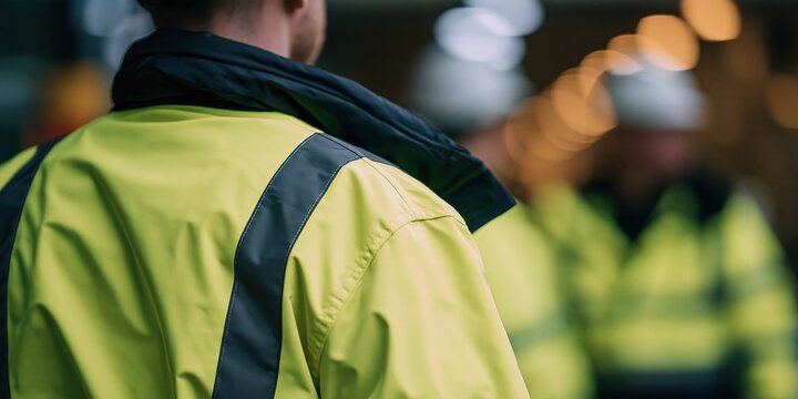 Close up of a worker wearing a high visibility safety jacket with reflective stripes, ready for industrial work.