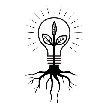 Minimalist black and white line art illustration of a light bulb with a growing plant inside and deep roots. Symbolizes green energy, eco-friendly innovation, sustainability, and renewable ideas
