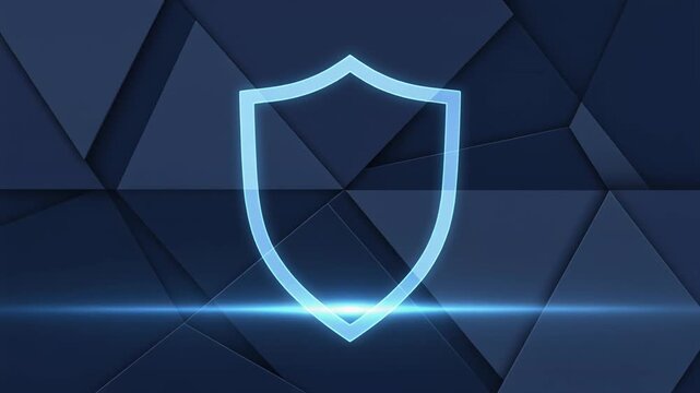 Static locked-off shot of glowing translucent cybersecurity shield over dark navy geometric surface for data protection background.