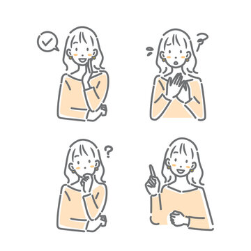 若い女性の表情イラストセット　シンプルでお洒落な線画イラスト