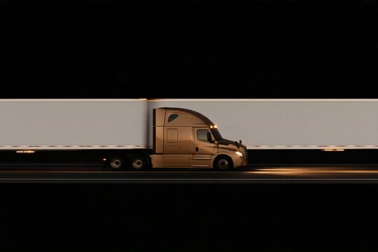 Semi truck driving along a highway at night in side view