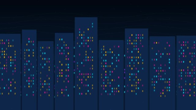 Procedural motion graphics seamless background featuring a dense cyberpunk city skyline, glowing neon windows, ambient dust particles, and smooth atmospheric data waves with zero visual artifacts.