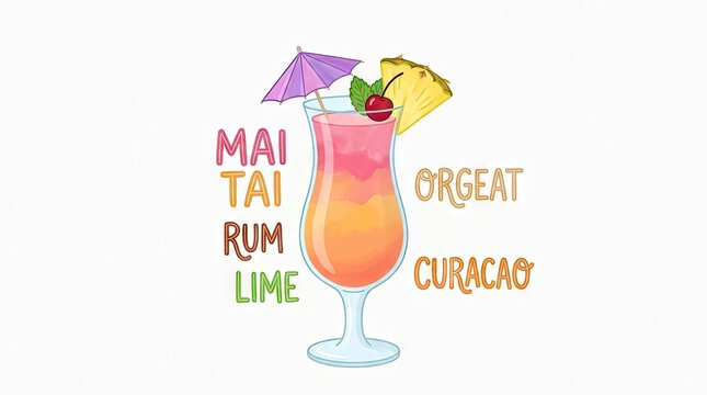 Mai Tai cocktail illustration with ingredients on white background