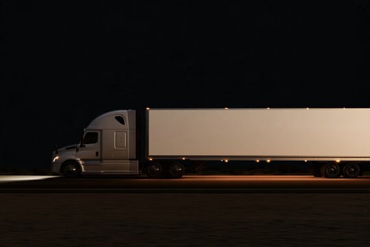 Semi truck with white cargo trailer parked at night