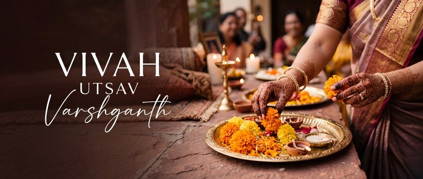 Indian woman henna hands decorating pooja thali with marigold flowers during traditional vivah utsav marriage anniversary celebration ritual with brass diyas oil lamps and ethnic silk saree background