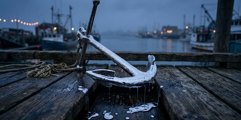 Obraz premium Metallic anchor dripping liquid silver on weathered wooden pier in harbor features reflective surfaces and industrial maritime atmosphere at twilight.