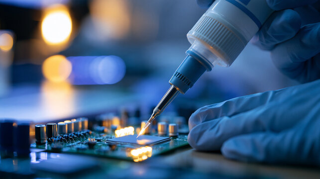 Precision adhesive application on a circuit board, electronics manufacturing assembly process, conformal coating for PCB protection, faceless gloved hand using an epoxy dispenser