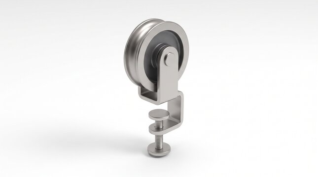 Single grooved pulley wheel mounted on a stand clamp in 3D style on white background
 