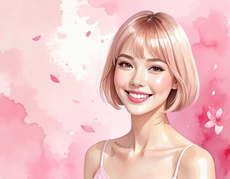 ボブカットの女性ピンク背景