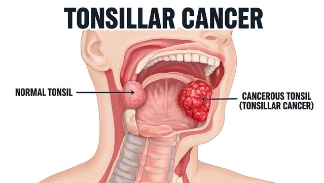Tonsillar cancer 3D medical illustration, comparison of normal tonsil and cancerous tonsil inside human throat, labeled anatomical diagram