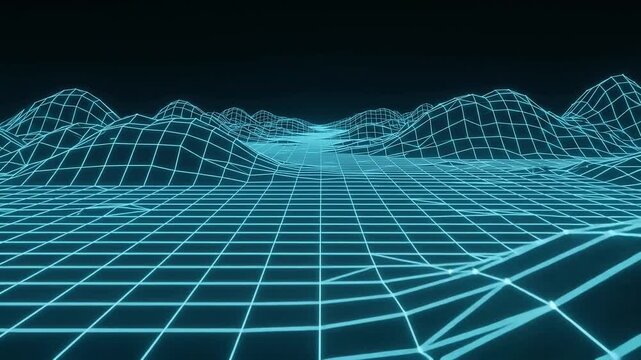 Cyan wireframe digital landscape with flowing grid waves