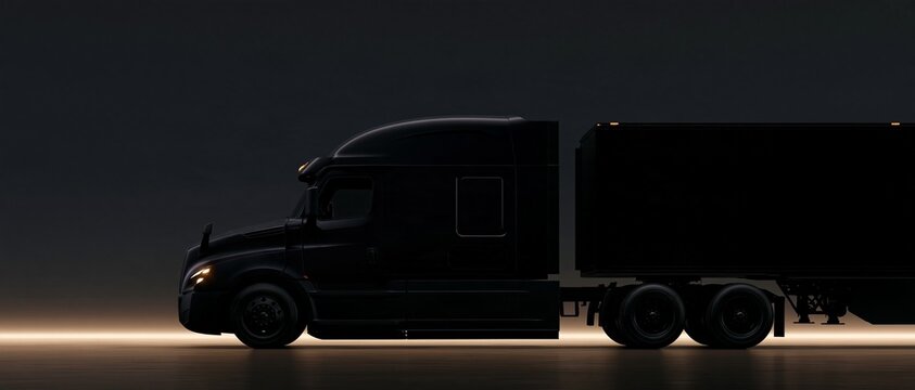 Black semi truck and trailer in dramatic dark studio lighting
