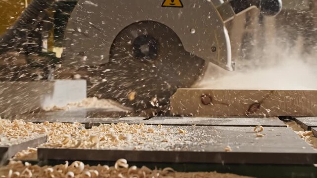Close-up of powerful circular saw blade cutting through wooden plank, creating shower of fine sawdust and wood chips, illustrating woodworking process and material transformation