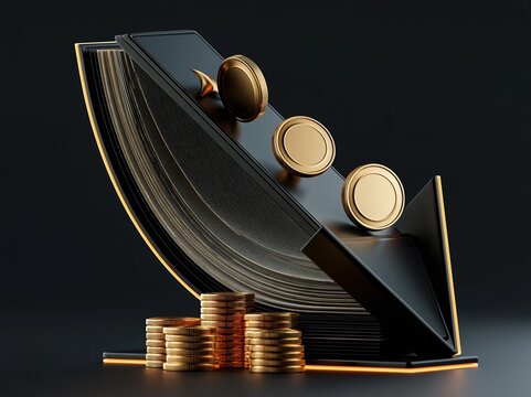 Golden coins falling down a dark arrow symbolizing financial loss, investment decline, and economic recession
