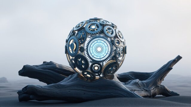 Intricate metallic sphere rests upon weathered wood. Glowing blue center draws attention, desert backdrop creates stark contrast.