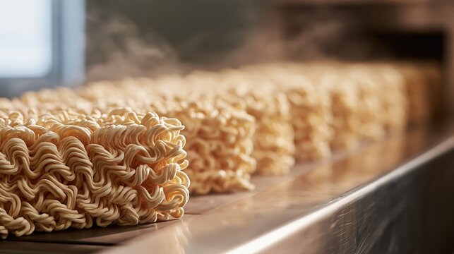 Close up of steaming instant ramen noodle blocks on a conveyor belt in a food production facility