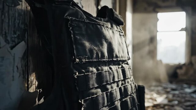 Bulletproof vest hanging on a crumbling wall inside a ruined building, debris covering floor, bright daylight streaming through window of abandoned structure.
