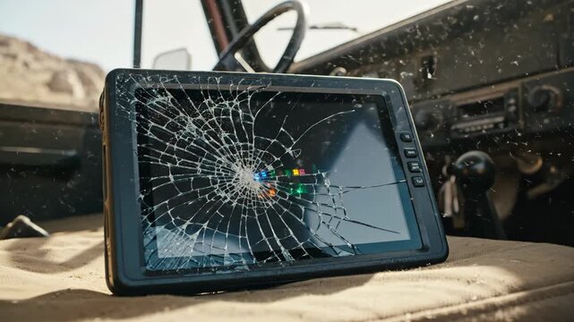 Cracked screen of navigation device inside dusty vehicle interior, showing damage and colorful pixels against arid outdoor background, symbolizing broken technology during rugged travel or accident.