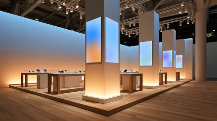 Fototapeta premium Modern Exhibition Stand Featuring Sleek Display Units and Ambient Lighting