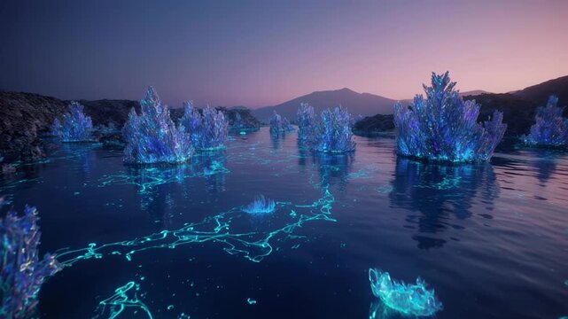 Glowing crystal formations rise from tranquil water under twilight sky cinematic motion