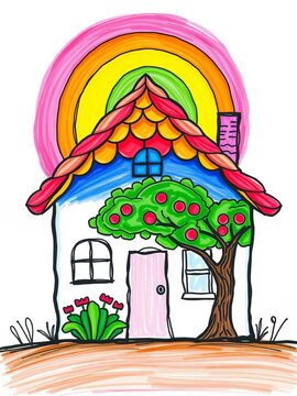Hand-drawn house with rainbow-colored roof and garden tree, colors, architecture