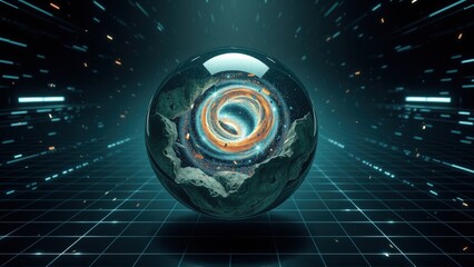 Fototapeta premium Glowing sphere dominates scene. Swirling galaxy inside reflects futuristic grid lines, intense light streaks. Dark background enhances visual impact.